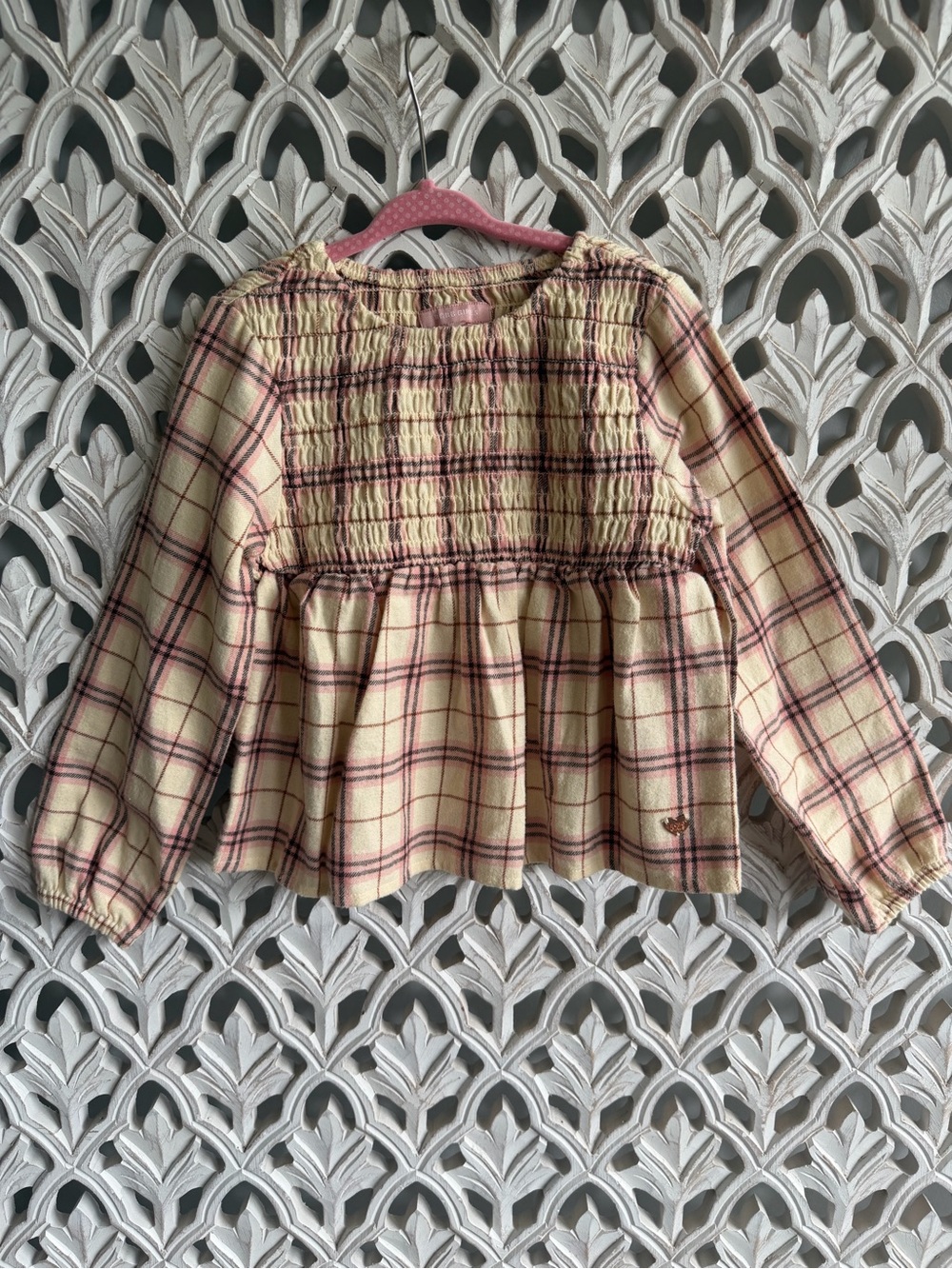 BCBG Girls Plaid Smocked Peplum Top Size 5 Pink Cream